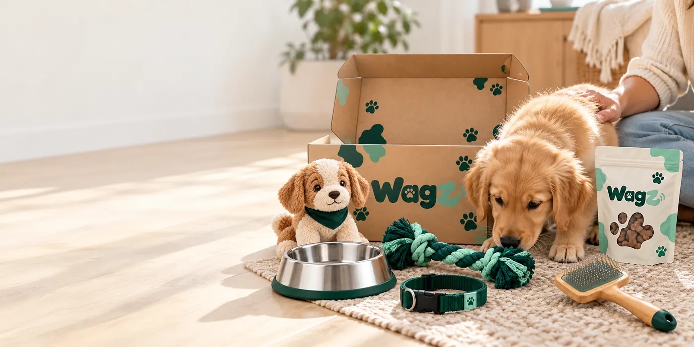Golden puppy sniffing a rope toy beside an open Wagz welcome box, plush toy, bowl, collar, brush and treats