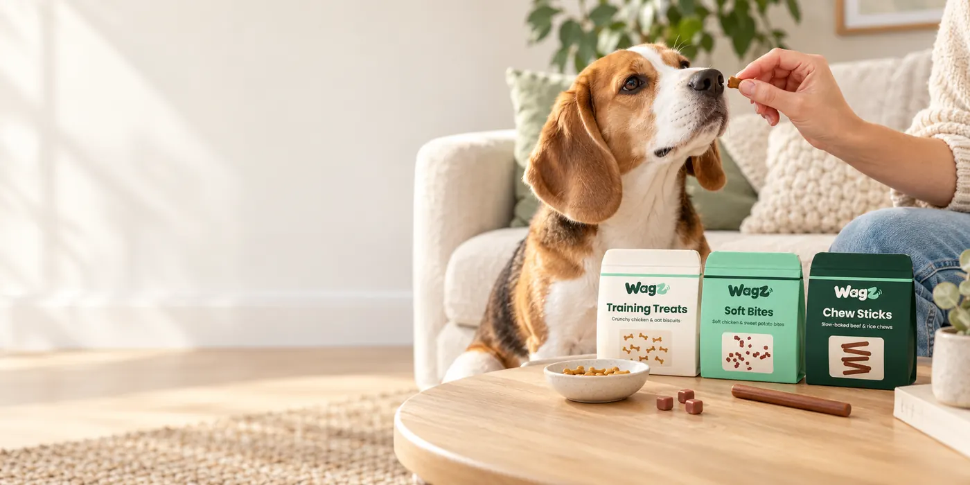 Beagle taking a treat beside Wagz Training Treats, Soft Bites and Chew Sticks