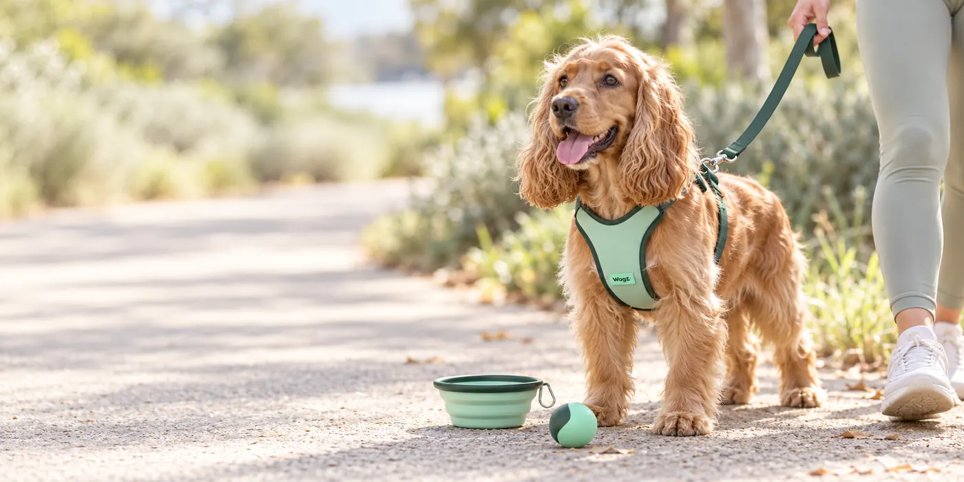 Cocker spaniel in a mint Wagz harness on a sunny walk, with a travel bowl and ball