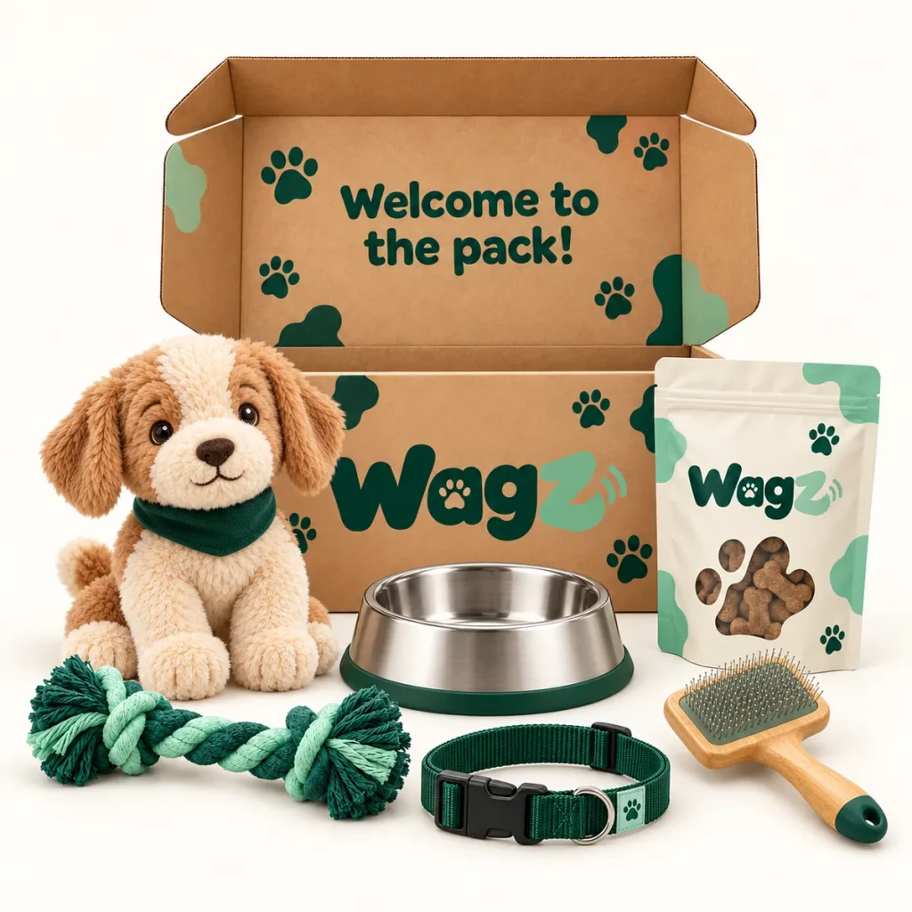 Open Wagz welcome box with a plush puppy toy, rope toy, collar, steel bowl, bamboo brush and treat pouch