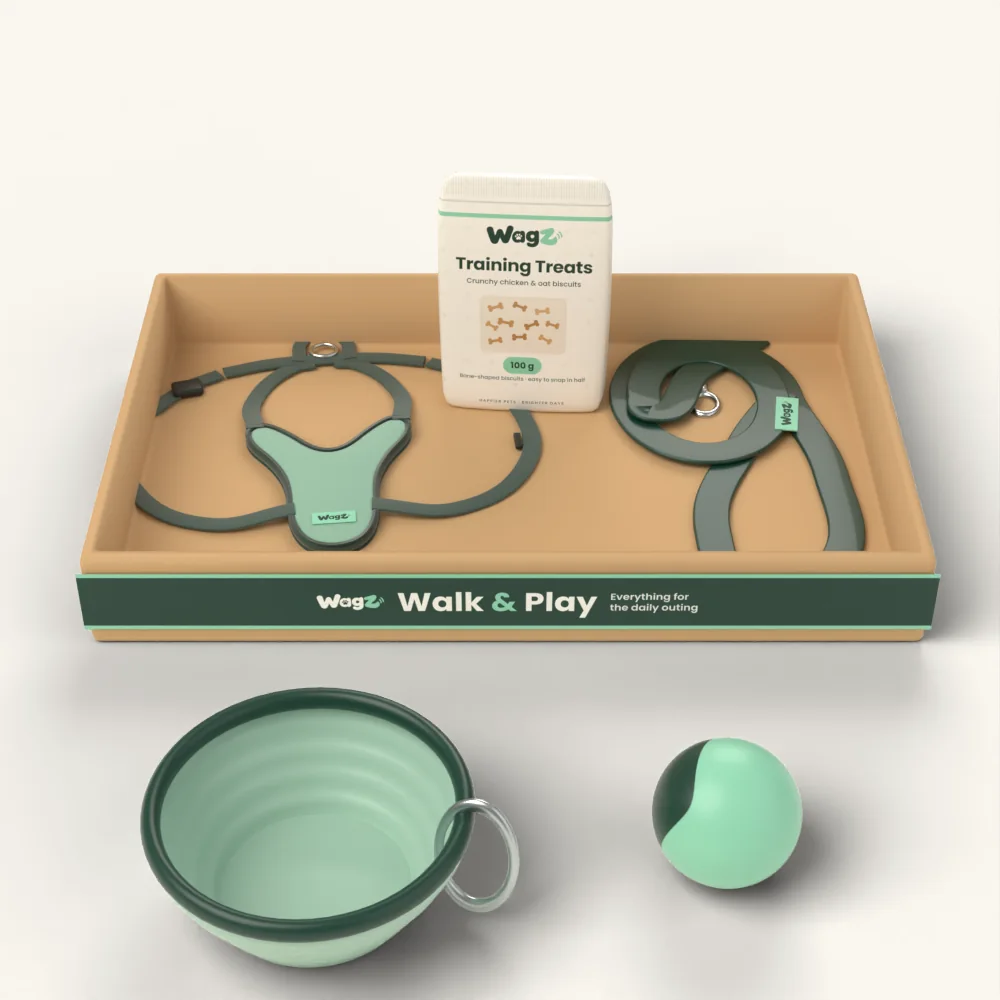 Walk & Play Kit: kraft tray with a forest Walk & Play sleeve holding the harness, coiled lead and Training Treats, with the travel bowl and ball in front