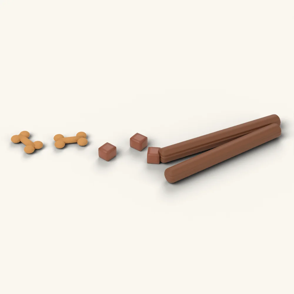 Close-up of crunchy bone biscuits, soft bites and chew sticks